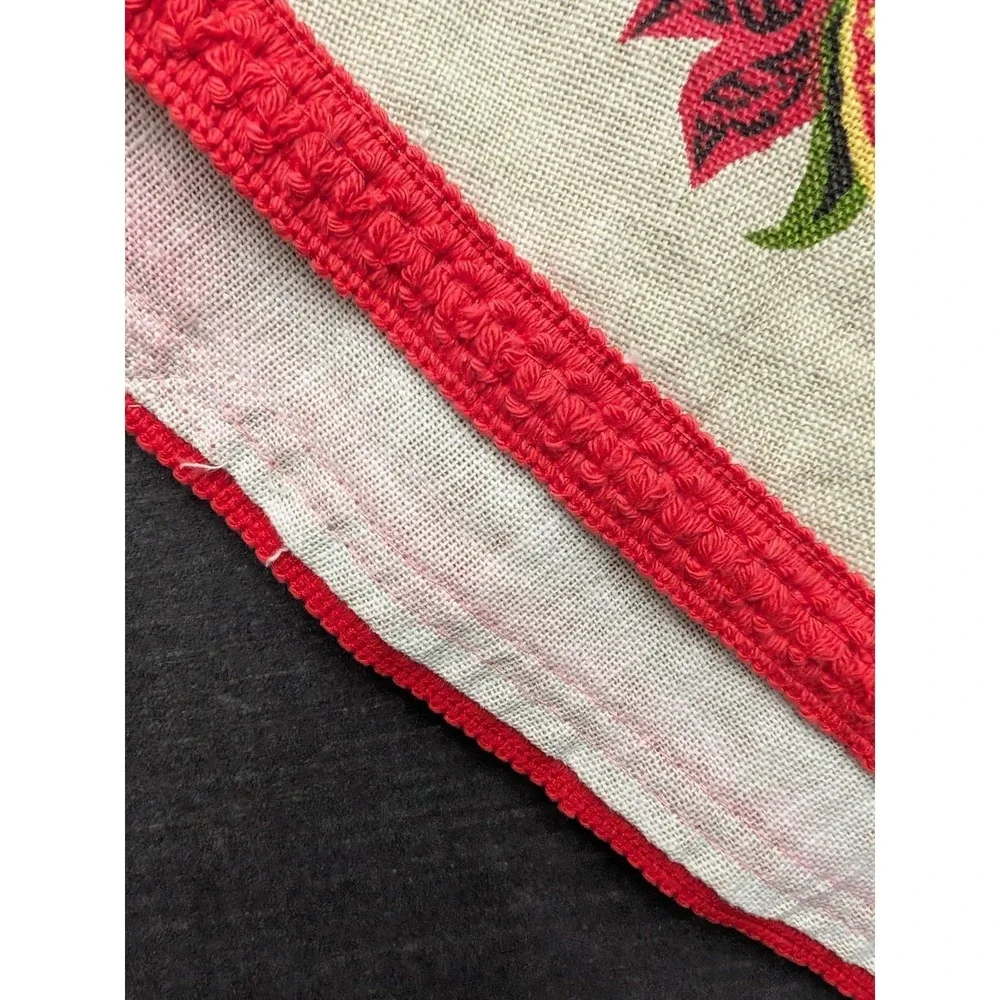 Vtg Tan Linen Stamped Floral Tablecloth Oval Red Crochet Trim Granny Core Boho